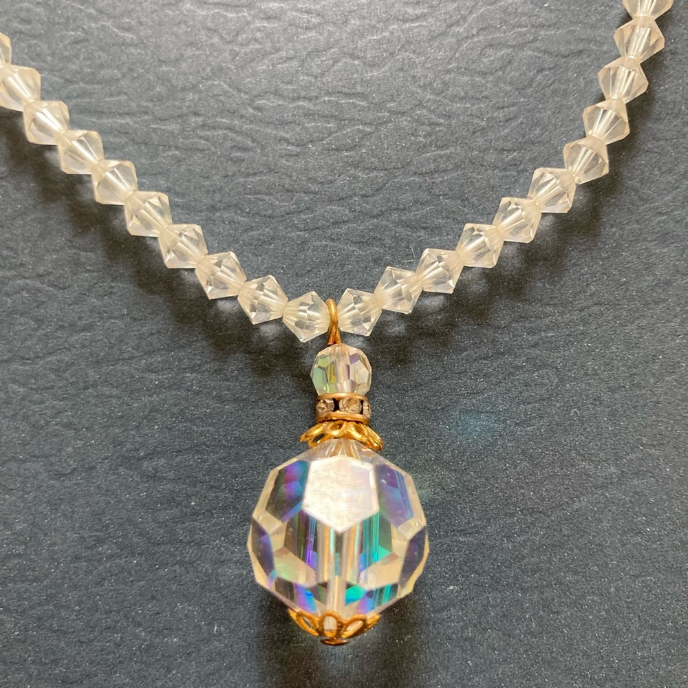 Vintage Austrian Aurora Borealis Crystal Ball Pendant Necklace